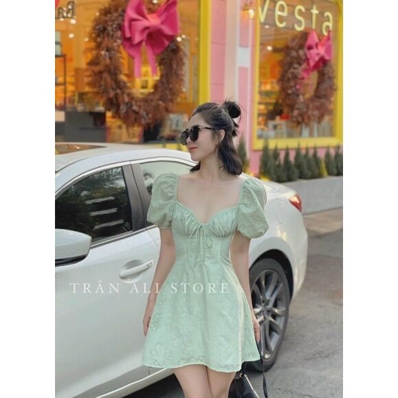 (SHOP BIGSIZE nữ 50kg đến 90kg) đầm ren dáng A tay phồng hở ngực