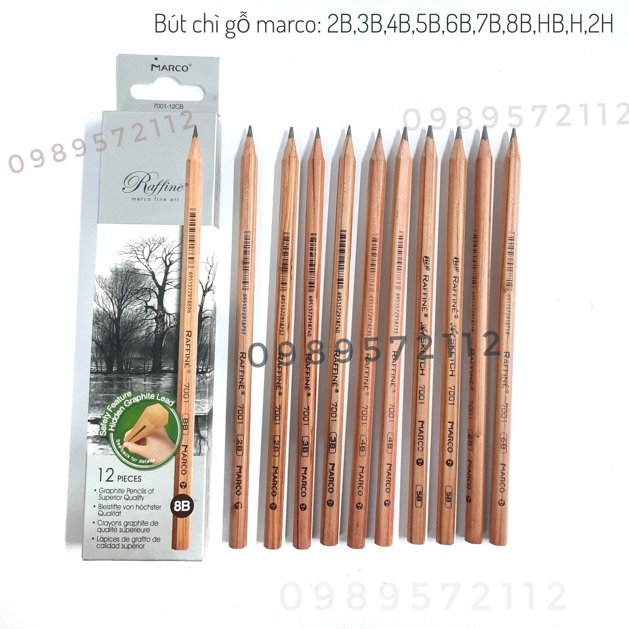 Bút chì marco gỗ 7001 2B,3B...8B,HB,H,2H.  (1 hộp).