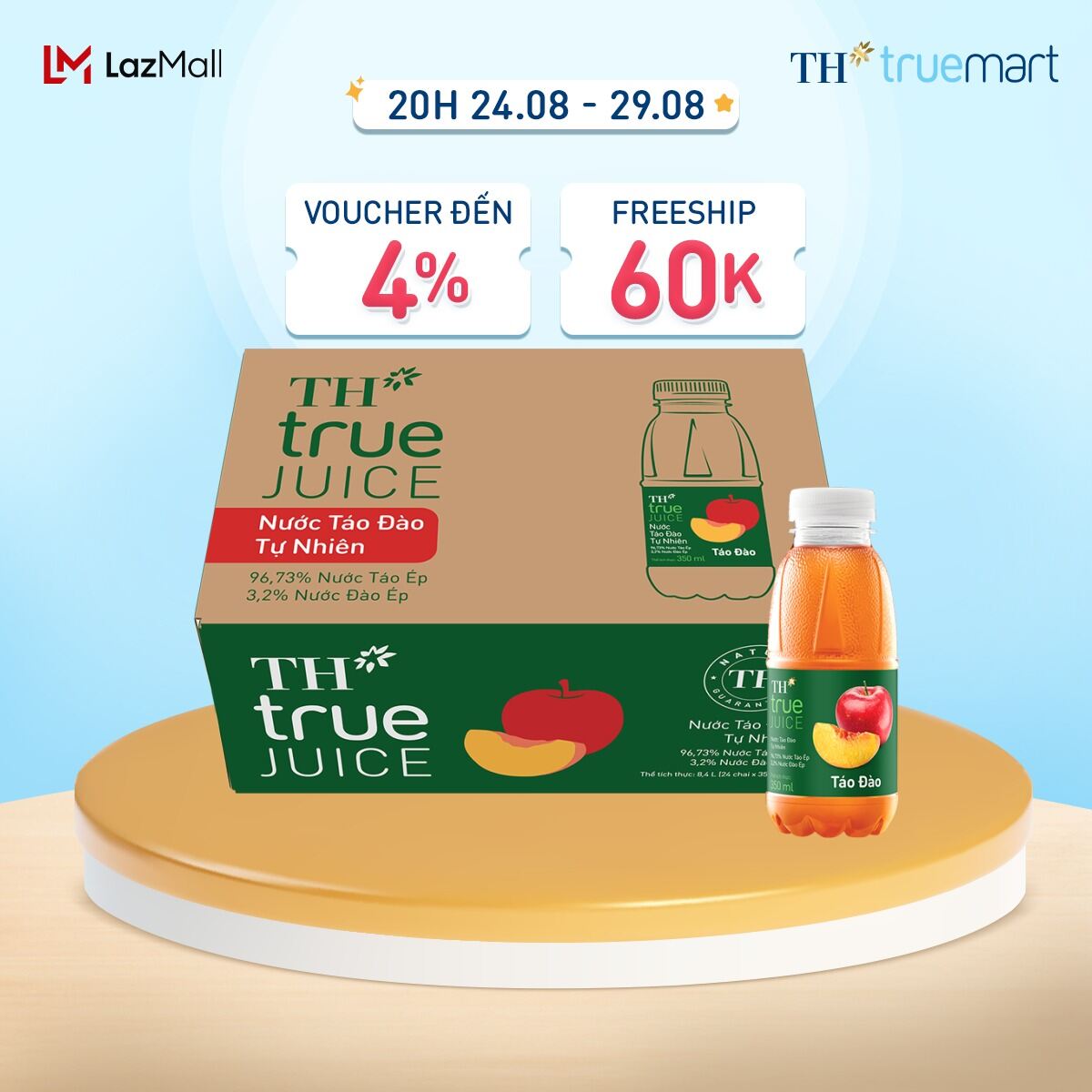 Thùng 24 chai nước trái cây th true juice táo đào tự nhiên 350 ml