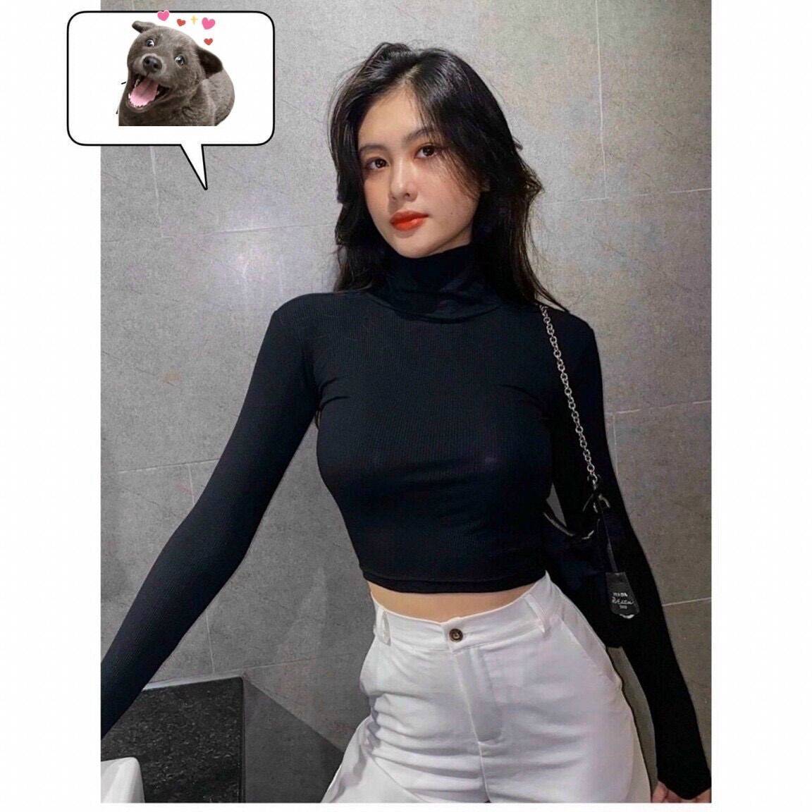 Áo cổ lọ tay dài vải gân