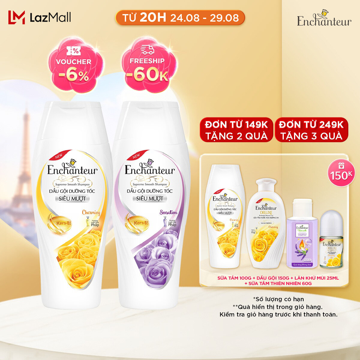 Dầu gội dưỡng tóc siêu mượt Enchanteur Charming/Sensation Keratin 180g
