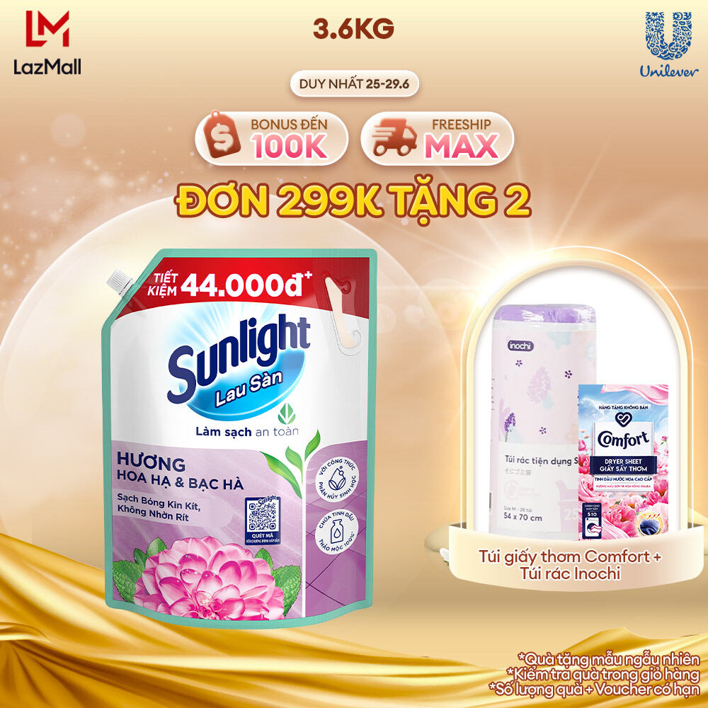 Nước lau sàn Sunlight Hoa Hạ & Bạc Hà Túi 3.6kg | Tinh dầu Thảo mộc 100% | Hương thơm tươi mát