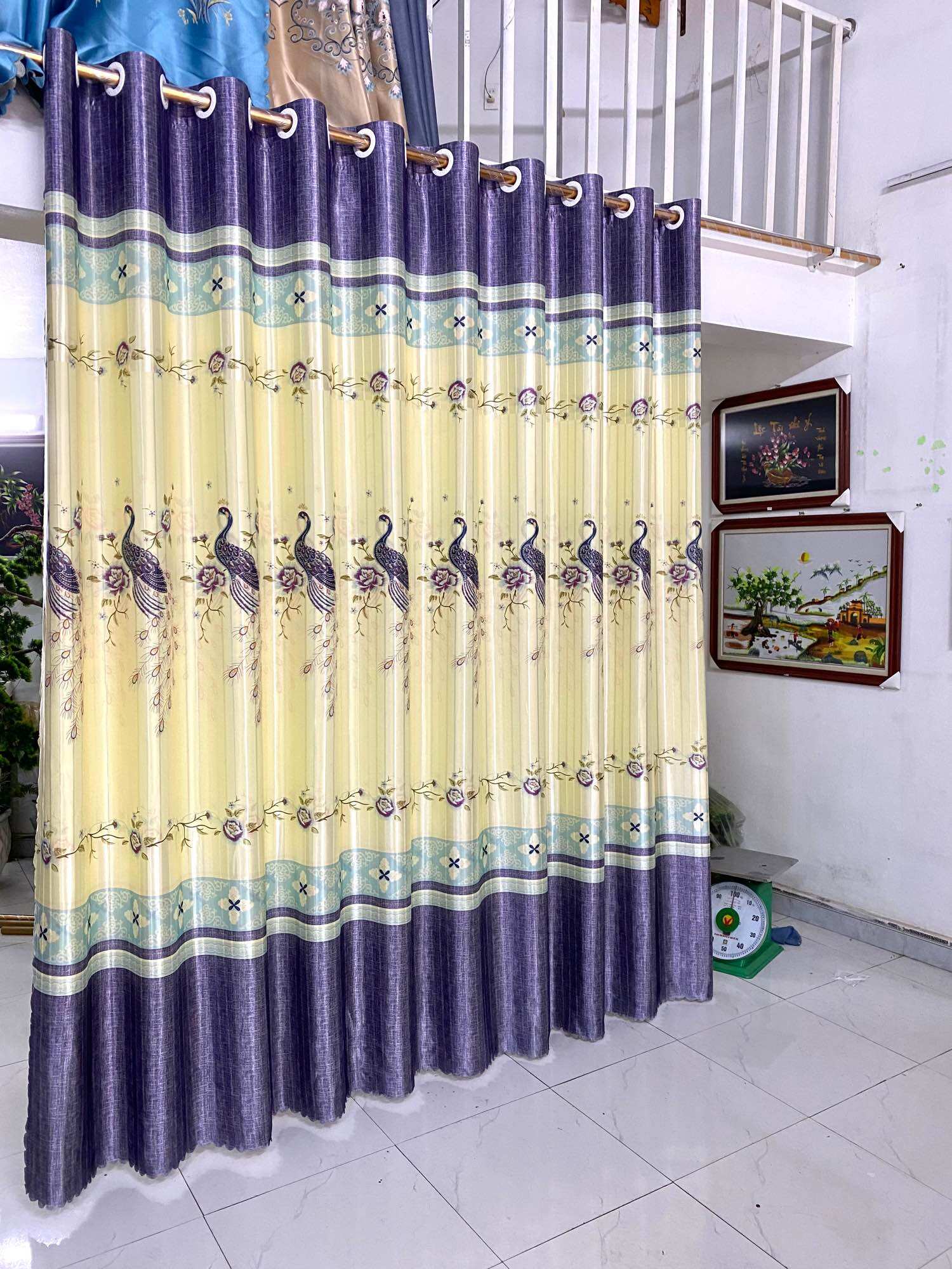 Rèm hoạ tiết công hoa, bóng 2 mặt 2 màu, xanh- nâu, rèm cửa sổ, cửa chính, cản sáng, cản nắng, Rèm khoen Oze