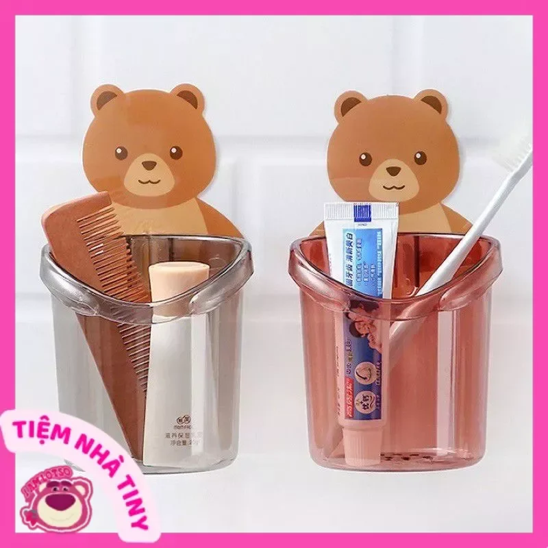 Cốc đựng bàn chải & kem đánh răng treo tường mặt gấu cực xinh - Ly cốc đựng bàn chải đánh răng hình gấu dán tường Tiemnhatiny