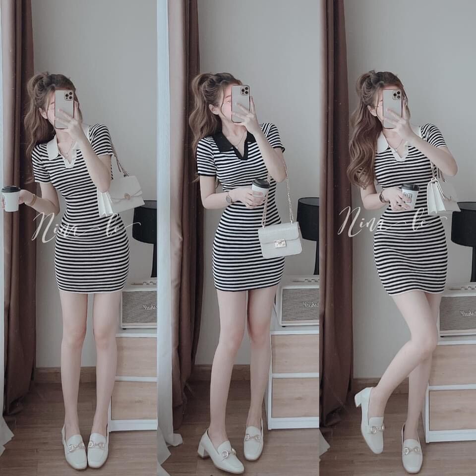 Đầm body cổ bẻ sọc mới xinh ĐS kèm ảnh thật