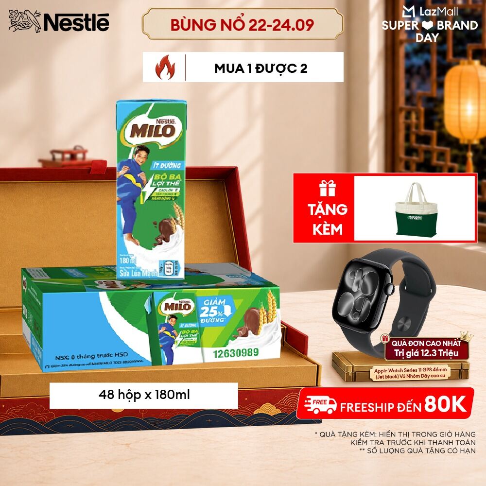 [ƯU ĐÃI THÁNG 9] [Giao hàng toàn quốc] Sữa lúa mạch Nestlé® MILO® ít đường thùng 48 hộp x 180ml (1x4x180ml)