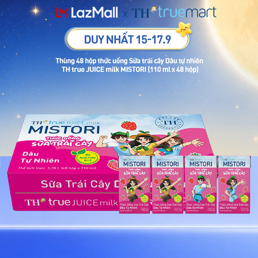 Thùng 48 hộp thức uống Sữa trái cây TH true JUICE milk MISTORI Dâu tự nhiên 110 ml x 48 hộp