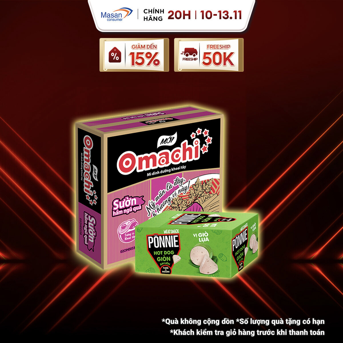 Combo 1 Thùng Mì Omachi Sườn Hầm Ngũ Quả Gói 80g và 1 Hộp Ponnie Hot Dog Giòn Ăn Liền Vị Giò Lụa Hộp