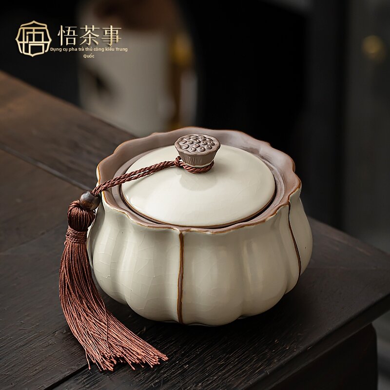 RUANQI | Sealed Ceramic Tea Storage Jar Bean Yellow Ru Kiln Ancient Style Giá 874,000 Đồng*Miễn phí vận chuyển