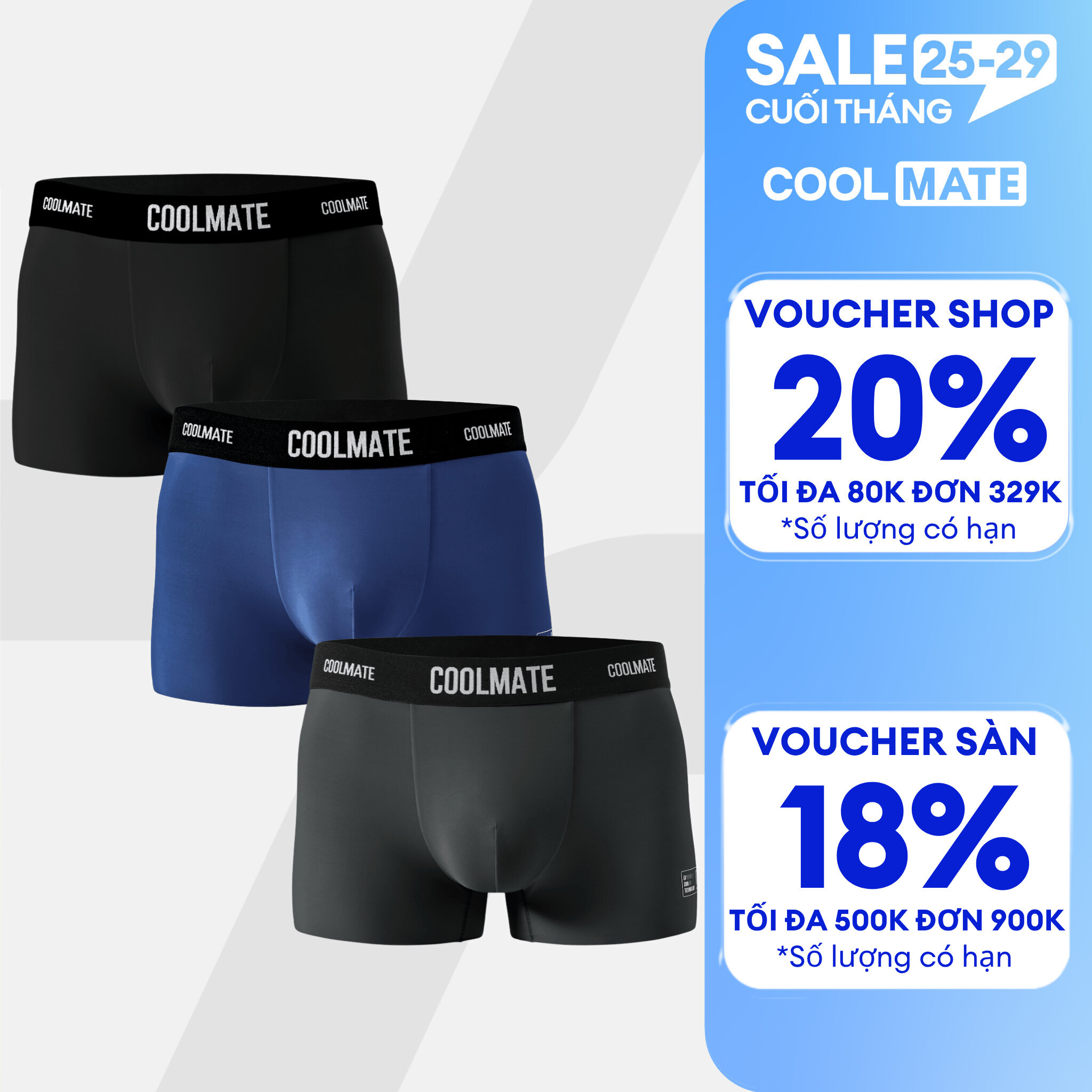 Combo 3 quần lót Trunk Excool Clean Cut mát mẻ, co giãn, siêu thấm hút Coolmate