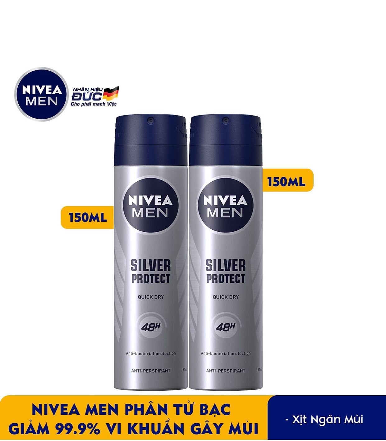 [Hcm]Bộ Đôi Xịt Ngăn Mùi Nivea Men Silver Protect Phân Tử Bạc ( 150 Ml X 2)