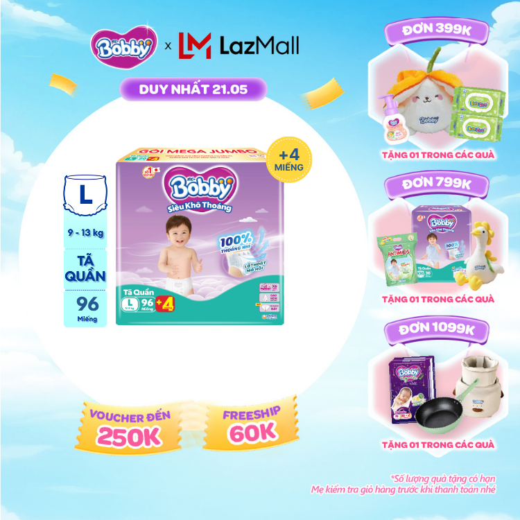 [SALE CUỐI THÁNG tặng QUÀ TO-SLCH][TẶNG MIẾNG NGẪU NHIÊN] Tã/bỉm quần Bobby 3mm Mega Jumbo Siêu khô thoáng L96