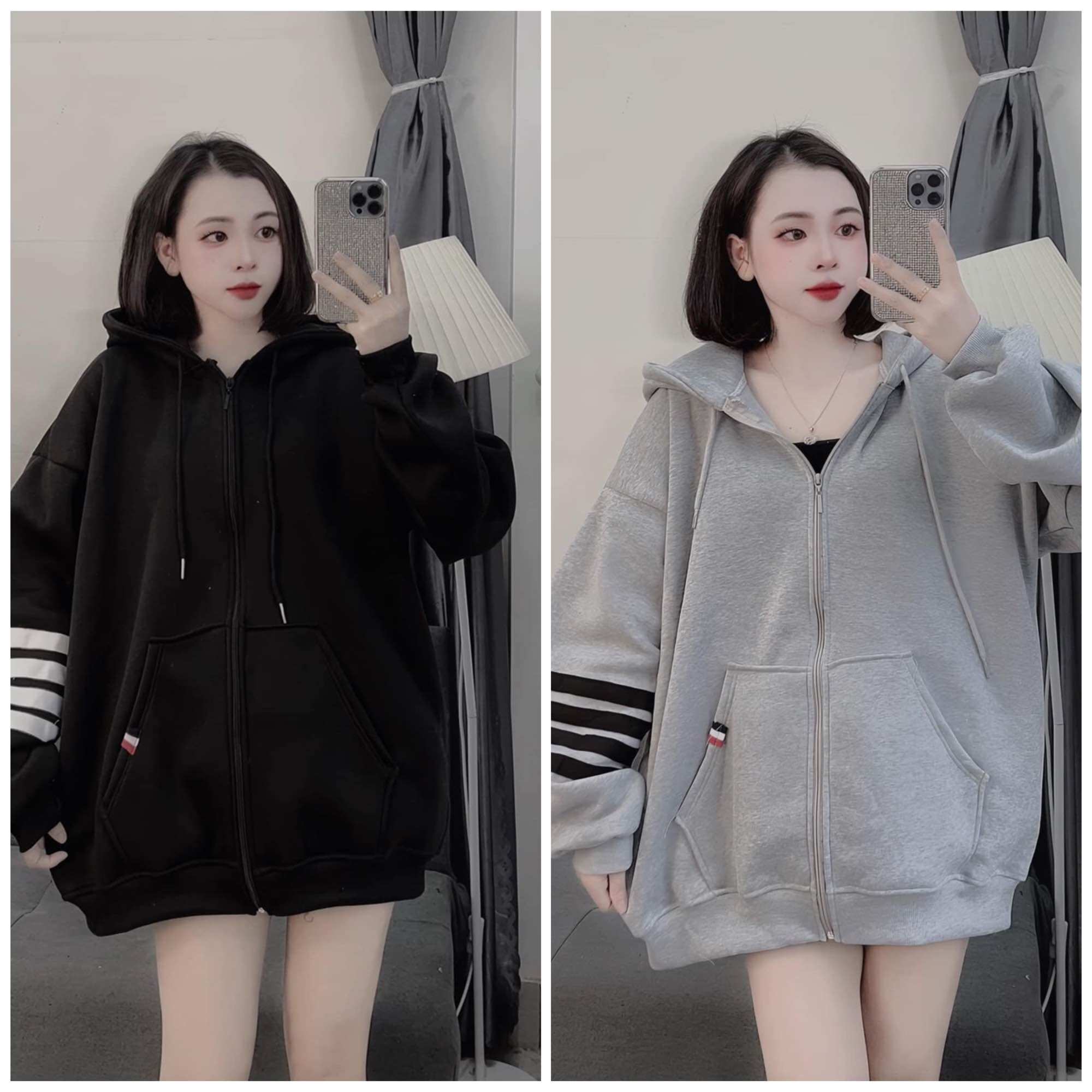 Áo khoác nỉ form rộng mũ hai lớp - Khoác bốn sọc tay