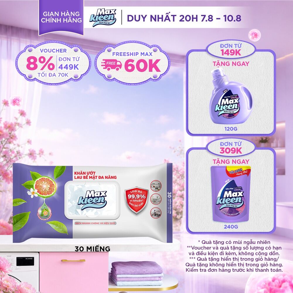 Khăn Ướt Lau Bề Mặt Đa Năng MaxKleen Loại Bỏ 99.9% Vi Khuẩn Hương Trà Xanh  Cam Bergamot 30 Miếng/Gói