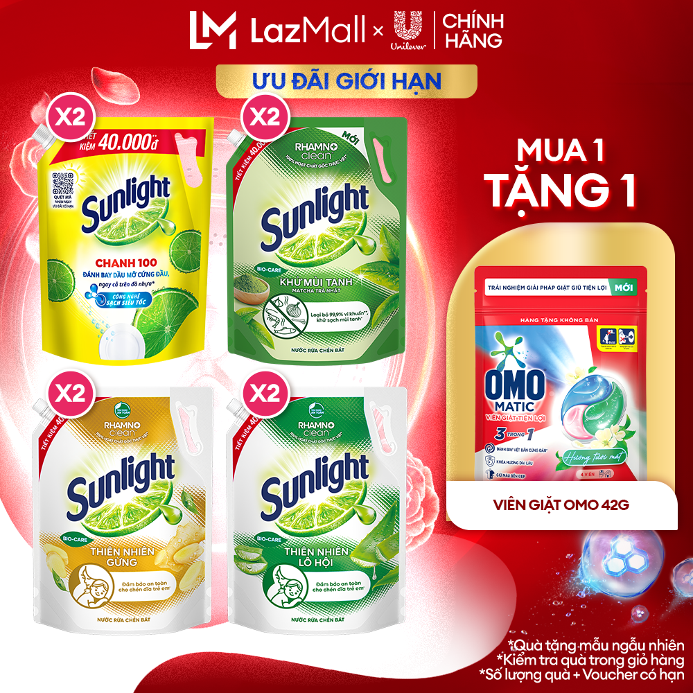 COMBO 2 Nước rửa chén Sunlight Thiên Nhiên Túi 3.3kg & Chanh Túi 3.5kg | Công nghệ Rhamno Clean | Đánh bay dầu mỡ ngay cả trên đồ nhựa