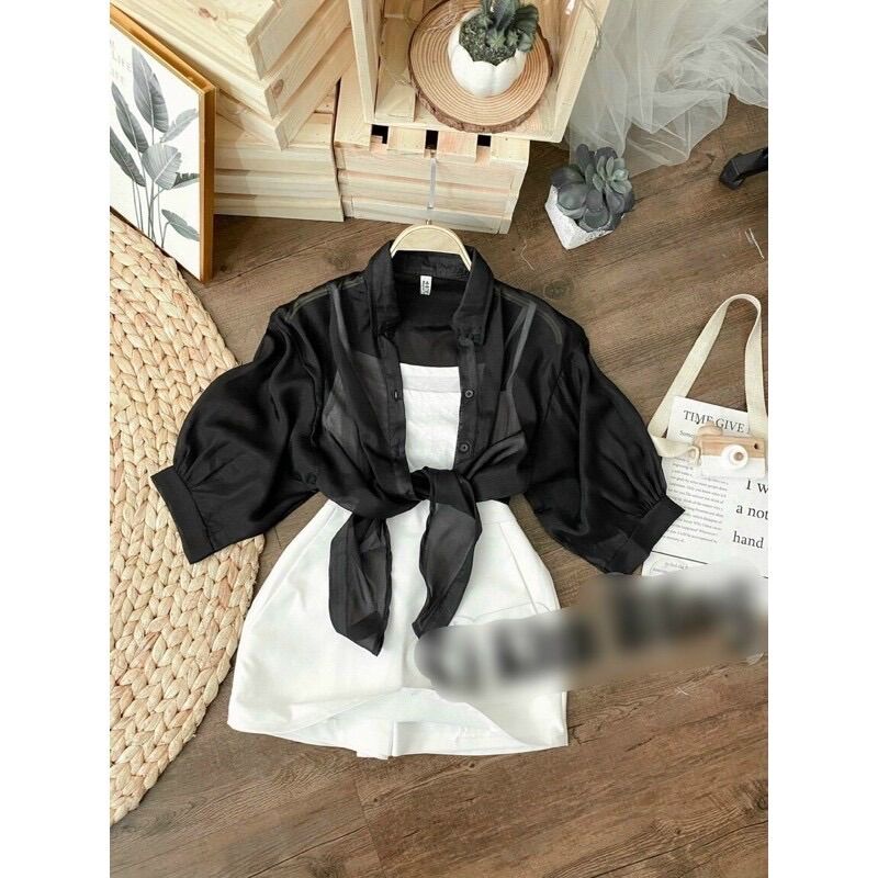 Áo sơ mi voan croptop mỏng cột eo