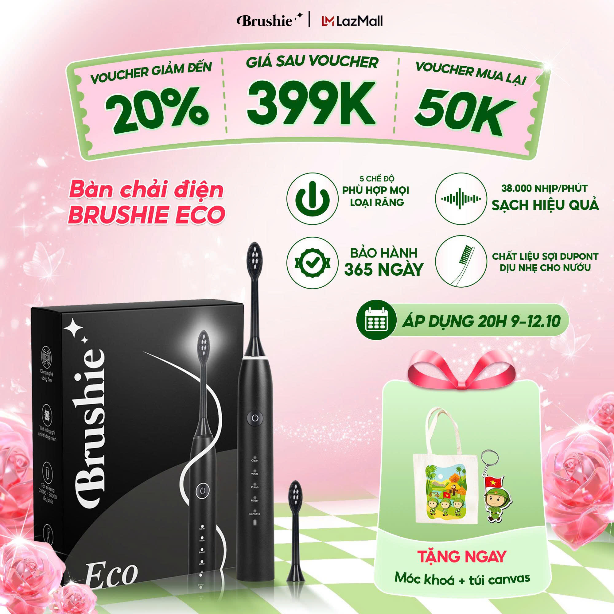 Bàn chải điện Brushie Eco phiên bản tiết kiệm 2025 với 5 chế độ làm sạch phù hợp cả cho người niềng răng - Hàng chính hãng