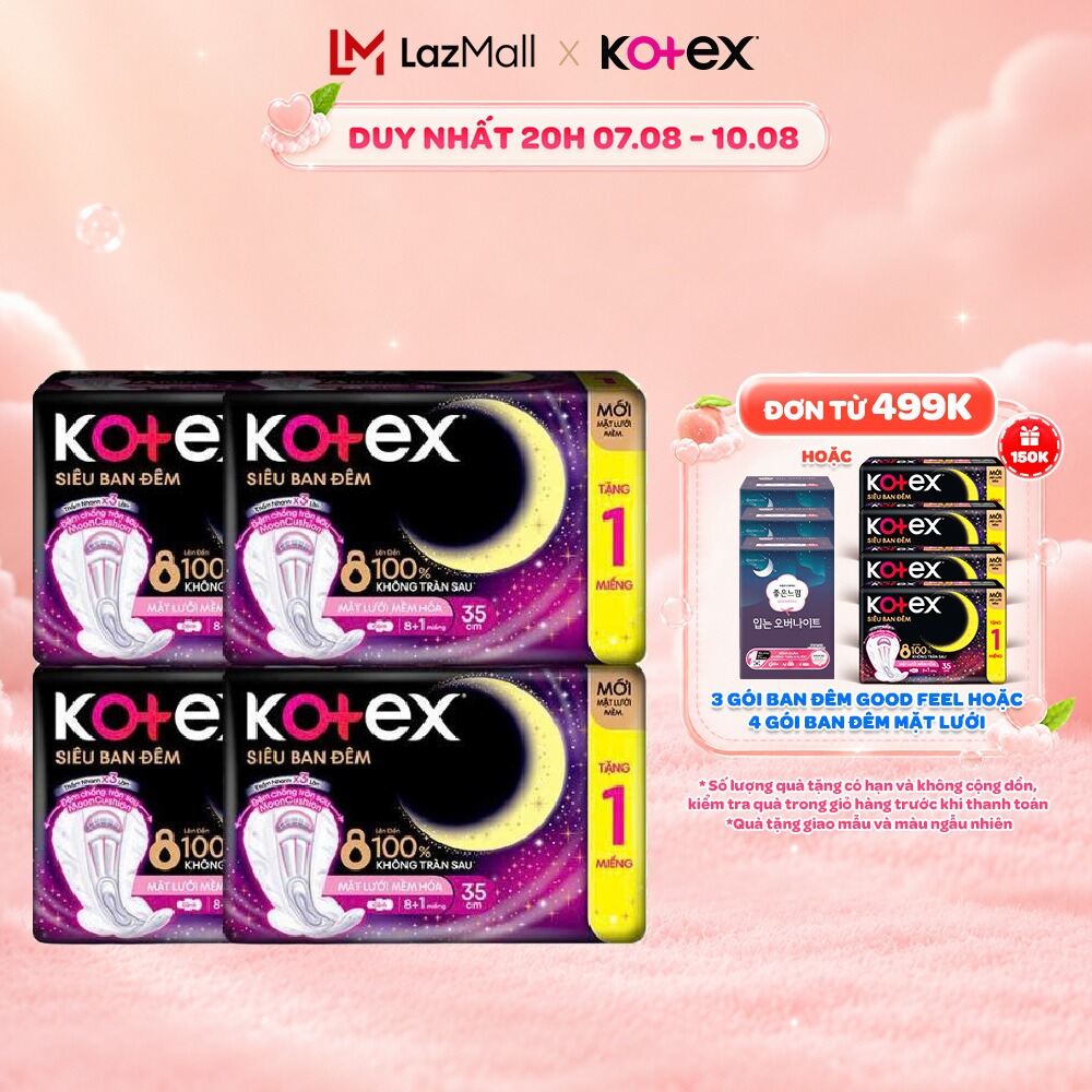 Combo 4 hoặc 8 Gói Băng Vệ Sinh Kotex Siêu Ban Đêm Mặt Lưới 35CM (8+1) miếng