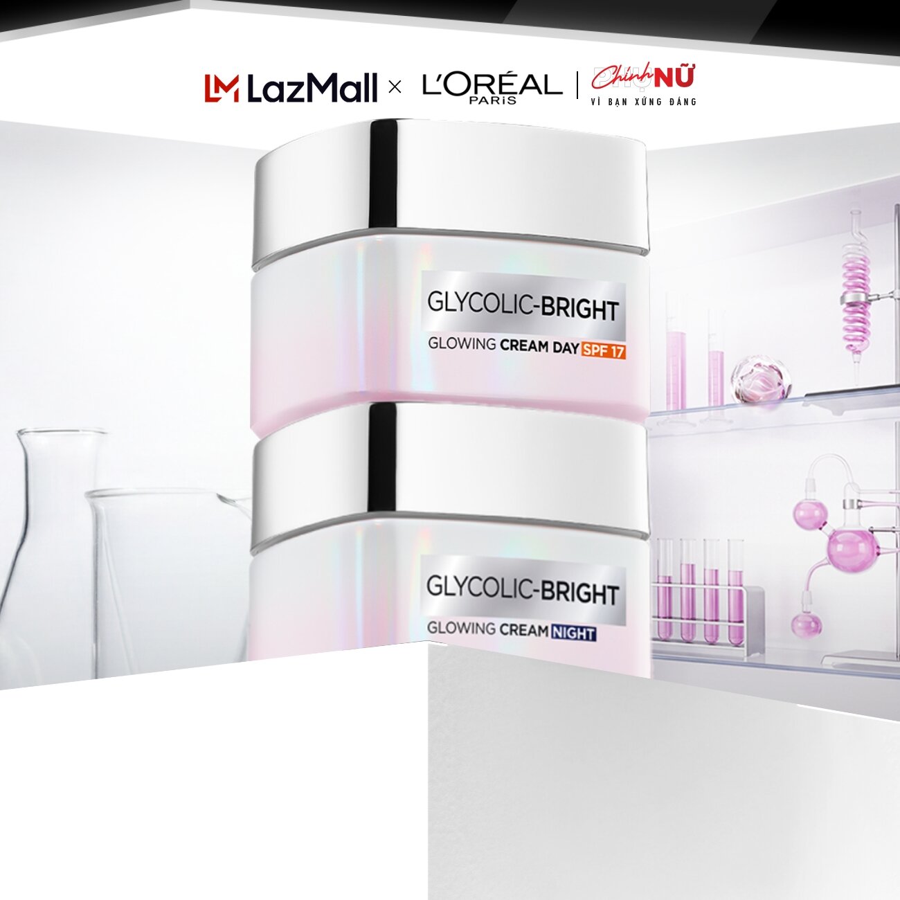 Bộ kem dưỡng ngày đêm sáng da mờ thâm nám L'Oreal Paris Glycolic (AHA) Bright SPF 30 50mlx2