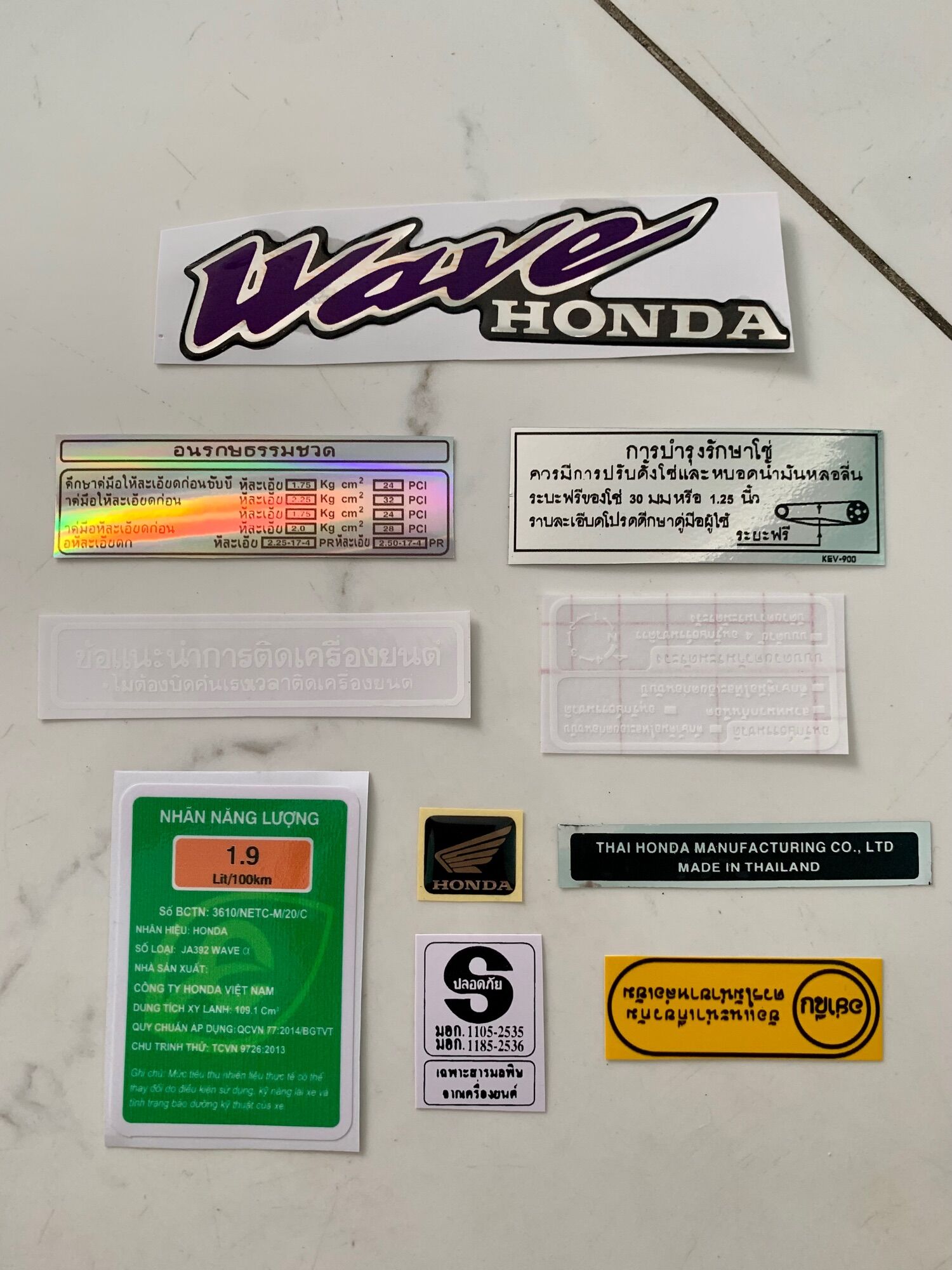 Trọn bộ tem thông số tem nổi dán mặt nạ Wave Thái 110 vip và tem nhãn dán năng lượng xe Wave alpha hàng nhập Thái Lan