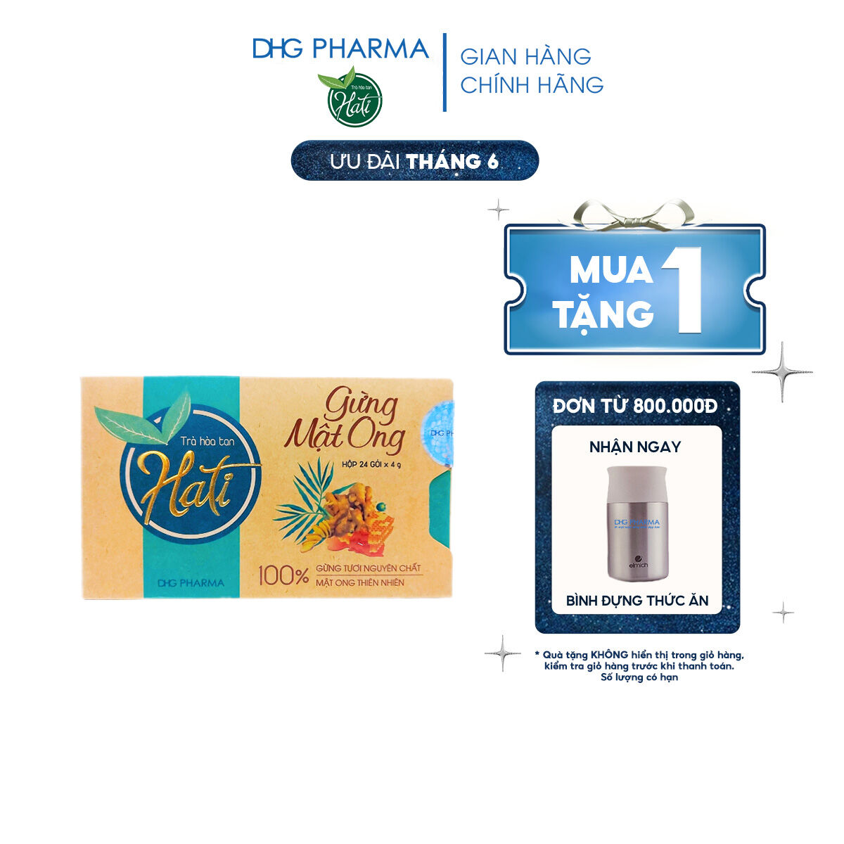 Trà Gừng Mật ong Hati giúp tiêu hóa tốt, giảm ho do nhiễm lạnh Hộp 24 gói - Chính hãng DHG