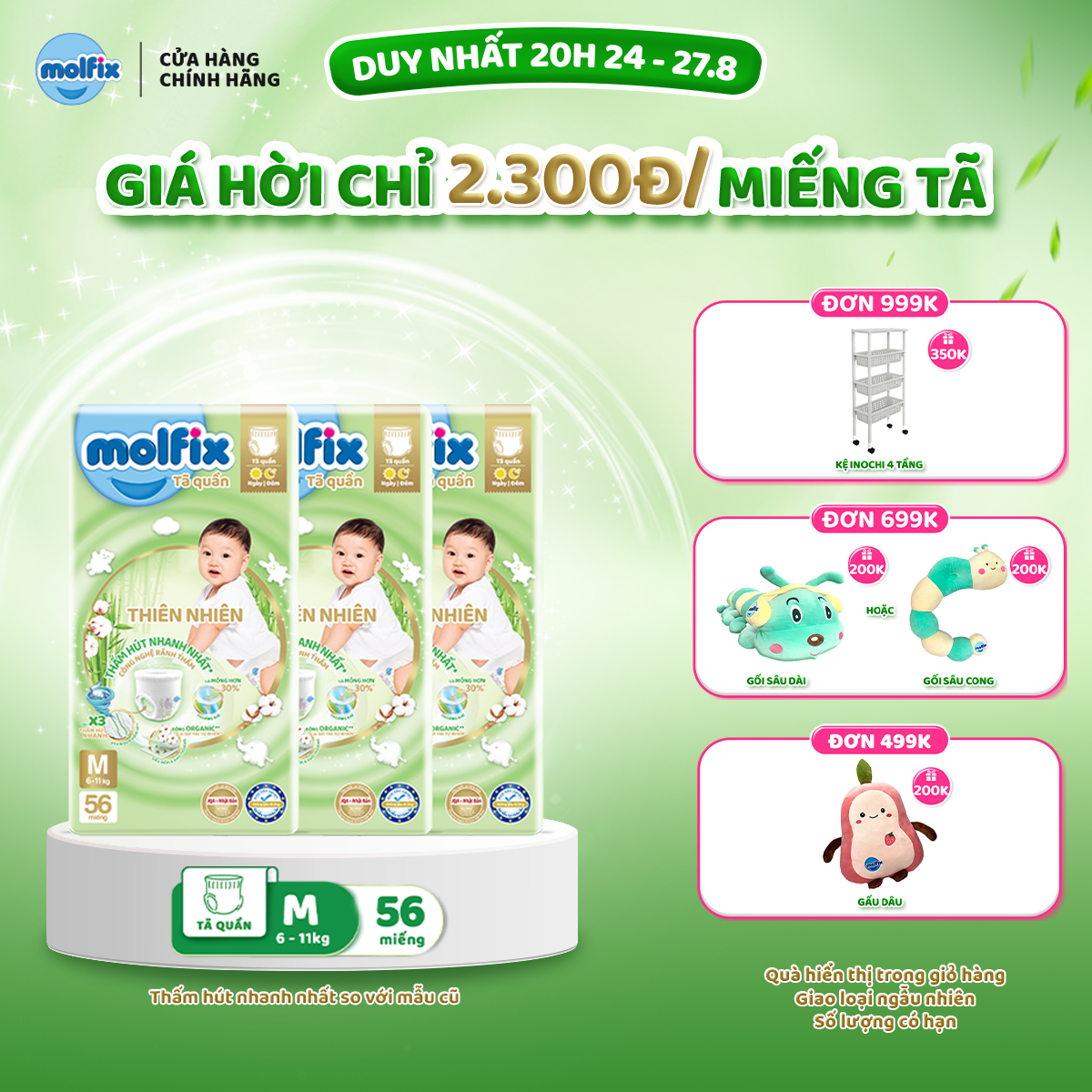 Combo 3 tã/bỉm quần molfix thiên nhiên super jumbo m60/l52/xl42/xxl38