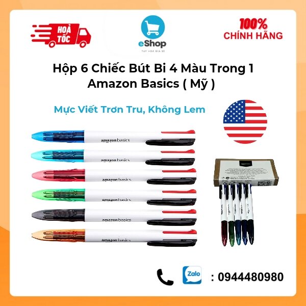 Hộp 6 Chiếc Bút bi 4 Màu Trong 1 Amazon Basics ( Mỹ ) - Mực Viết Trơn Tru Không Lem