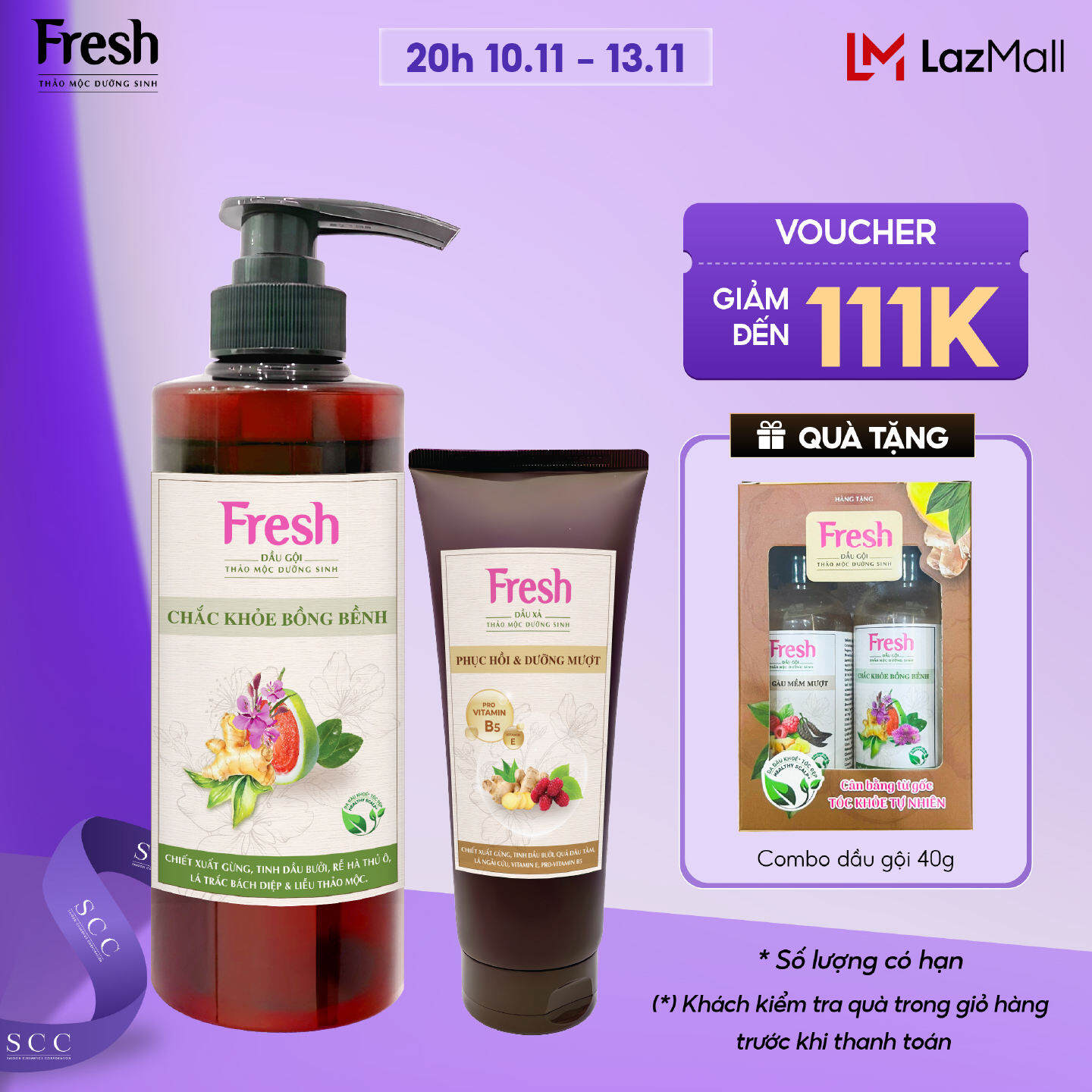 Combo Dầu gội + Dầu xả Fresh Thảo mộc dưỡng sinh Chắc khỏe bồng bềnh 480g + Phục hồi và Dưỡng mượt tóc hư tổn 180g