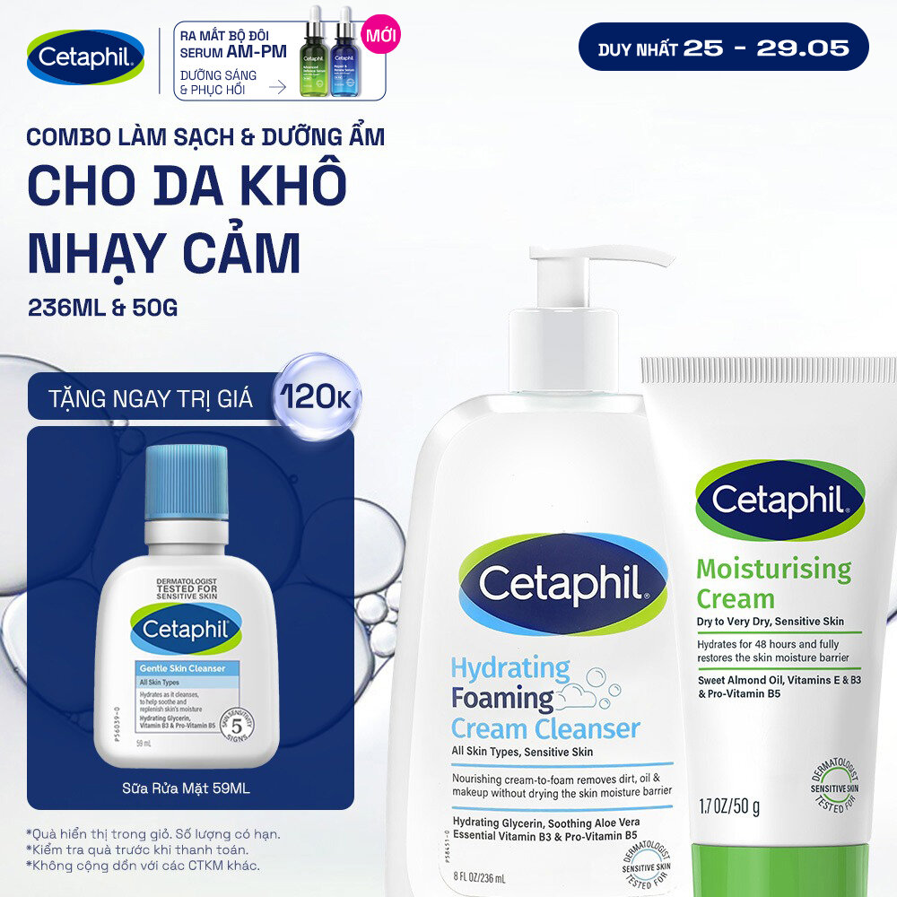 Combo Sữa Rửa Mặt Tạo Bọt Cetaphil Hydrating Foaming Cream Cleanser 236ml + Kem dưỡng ẩm CETAPHIL MOISTURISING CREAM 50G