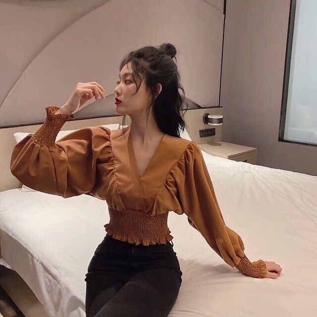 Áo kiểu croptop🍁Áo nhúm eo tay dài ống bo🍁