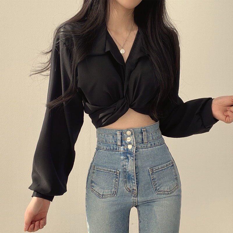 Áo sơ mi lụa croptop cách điệu siêu xinh dành cho phái nữ