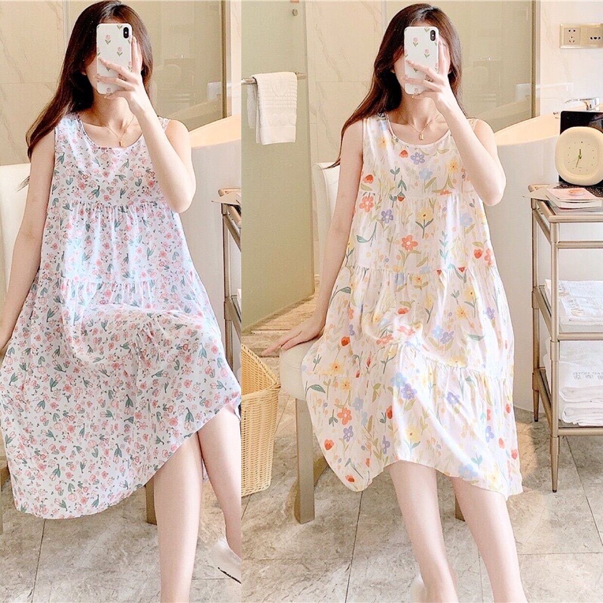Váy ngủ, váy bầu lanh lụa sát nách mềm mịn, nhẹ mát freesize