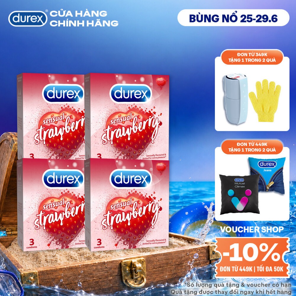 Bộ 4 hộp bao cao su Durex Sensual Strawberry hương dâu (size 52mm, 3 bao/hộp)
