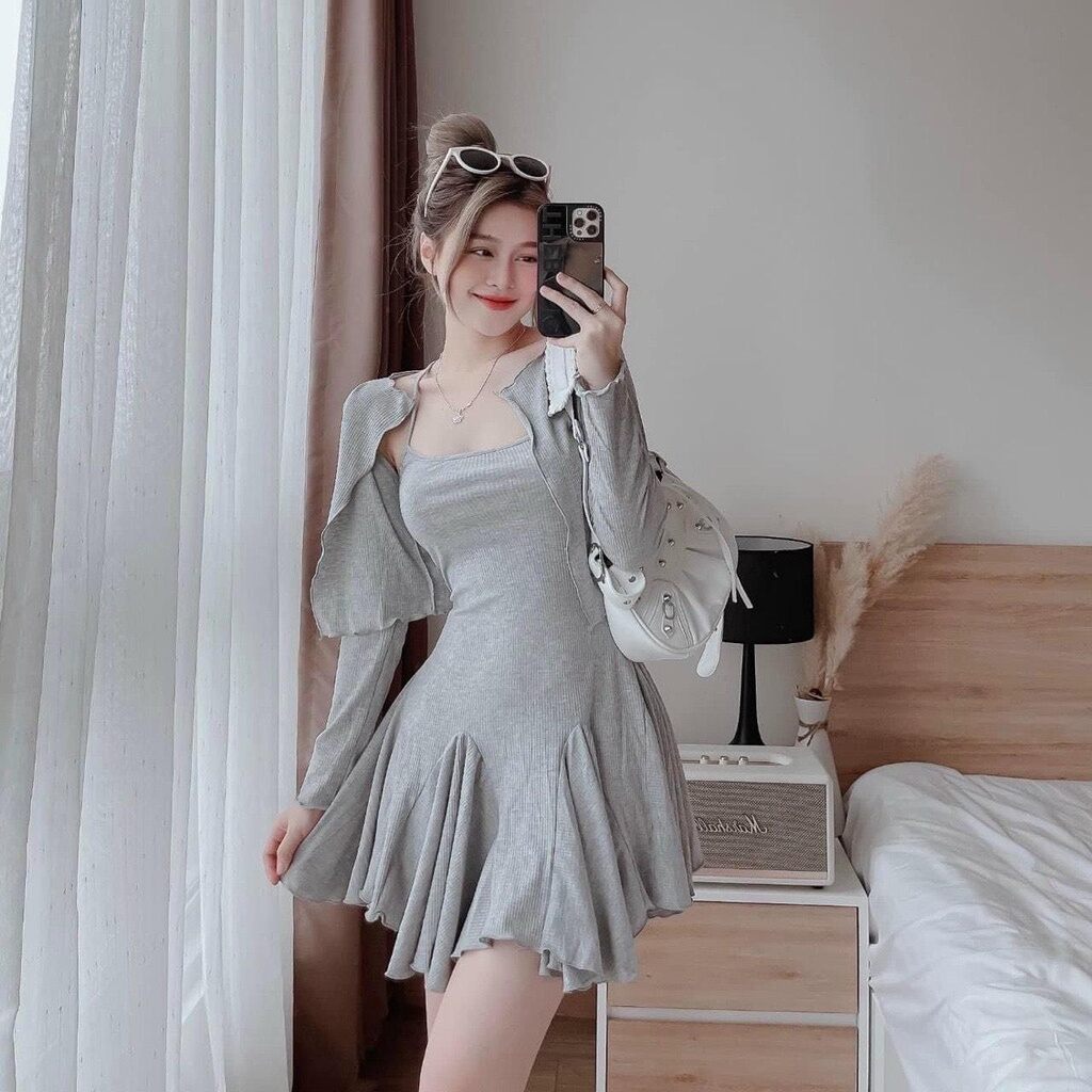 Set đầm dây xòe và áo khoác siêu xinh