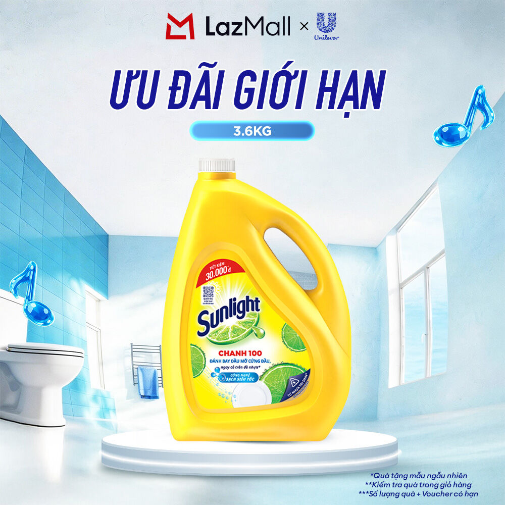 Nước rửa chén Sunlight Chanh mới sạch nhanh xả bọt nhanh chai 3.6kg