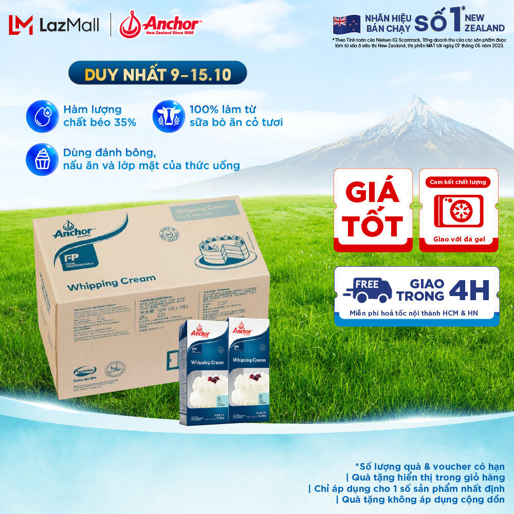 Thùng 12 Kem sữa tươi tiệt trùng Anchor Whipping cream hộp 1 lít