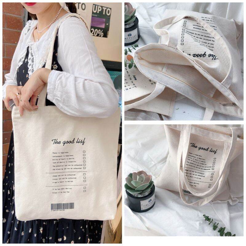 Túi tote vải-Túi Ulzzang The good có khóa miệng, ngăn phụ