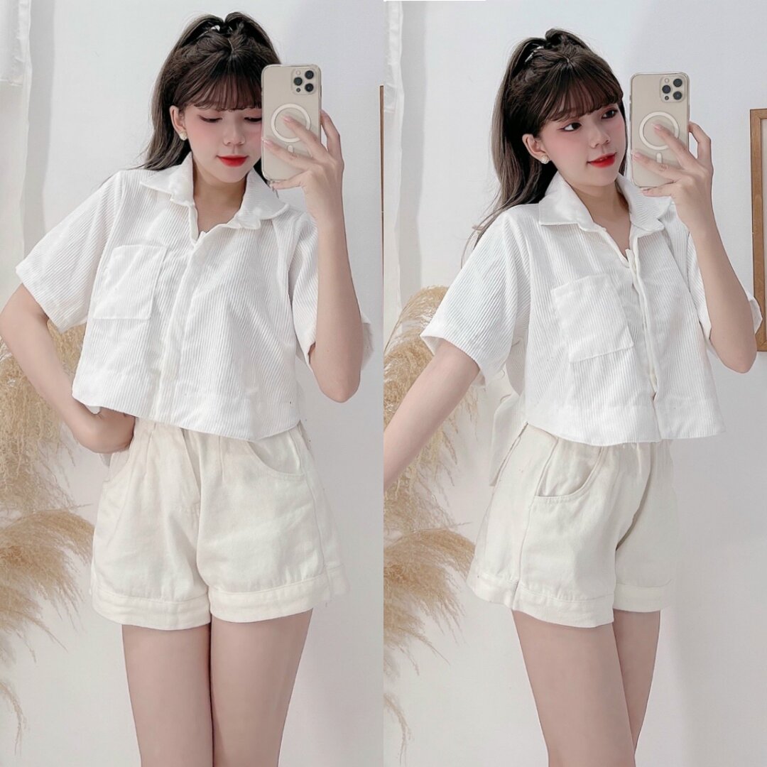Áo Sơmi Nhung Tăm Croptop