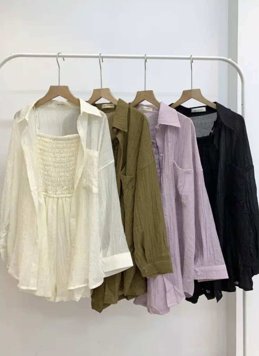 Set Jumsuit cộc kèm áo sơ mi chất tơ nhăn