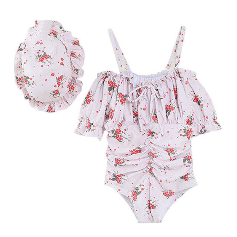 Họa Tiết Hoa Không Tay Cho Bé Gái Đồ Bơi Có Mũ Chống Nắng Cotton/polyester Tập Đi Bikini Đi Biển Áo 