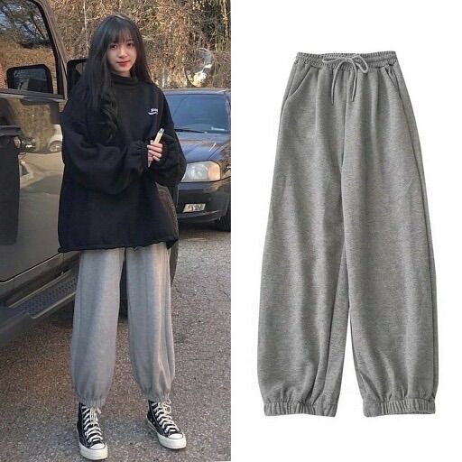 Quần jogger nữ bo gấu trơn cạp chun 2 màu đen xám