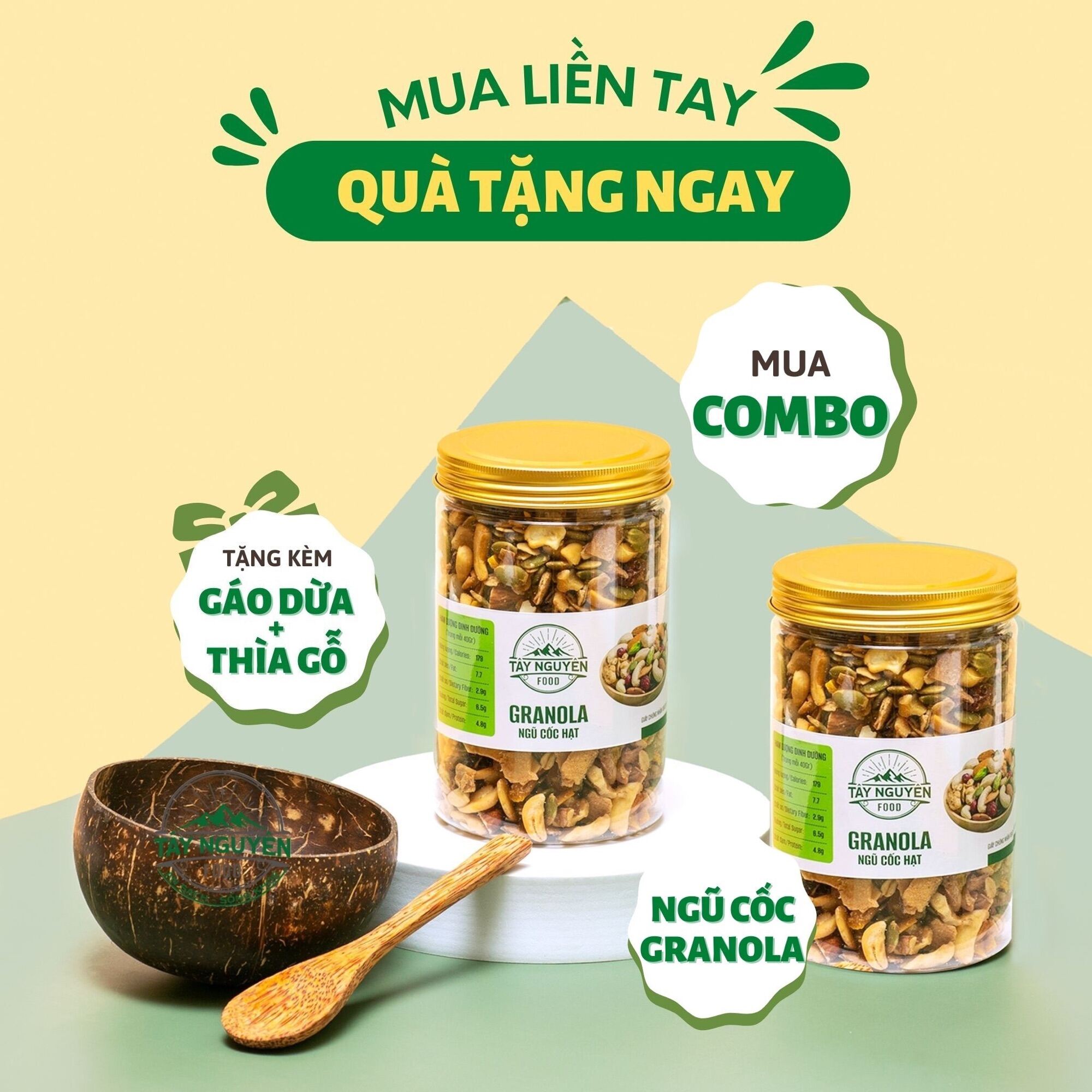 Combo 2 hũ Granola siêu hạt sấy mật ong không đường 500g kèm 1 bộ Gáo dừa và thìa gỗ Tây Nguyên Food - Việt Nam giá ưu đãi