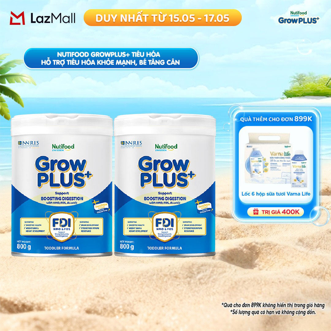 Combo 2 Sữa bột Nutifood Sweden GrowPLUS+ Tiêu Hóa (Xanh Nhạt) - Hỗ trợ tiêu hóa khỏe mạnh, bé tăng cân (Lon 800g)