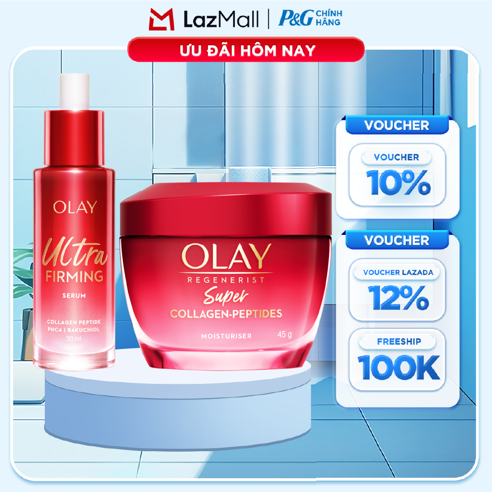 COMBO KEM DƯỠNG ẨM OLAY SUPER COLLAGEN PEPTIDES 45G  SERUM OLAY ULTRA FIRMING 30ML - GIÚP DA SĂN CHẮC  MỊN MÀNG HƠN TỪ NGÀY ĐẦU TIÊN!