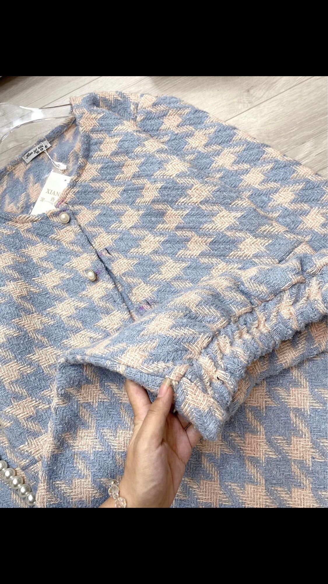 Set dạ lông thỏ kẻ caro xanh siêu hot
