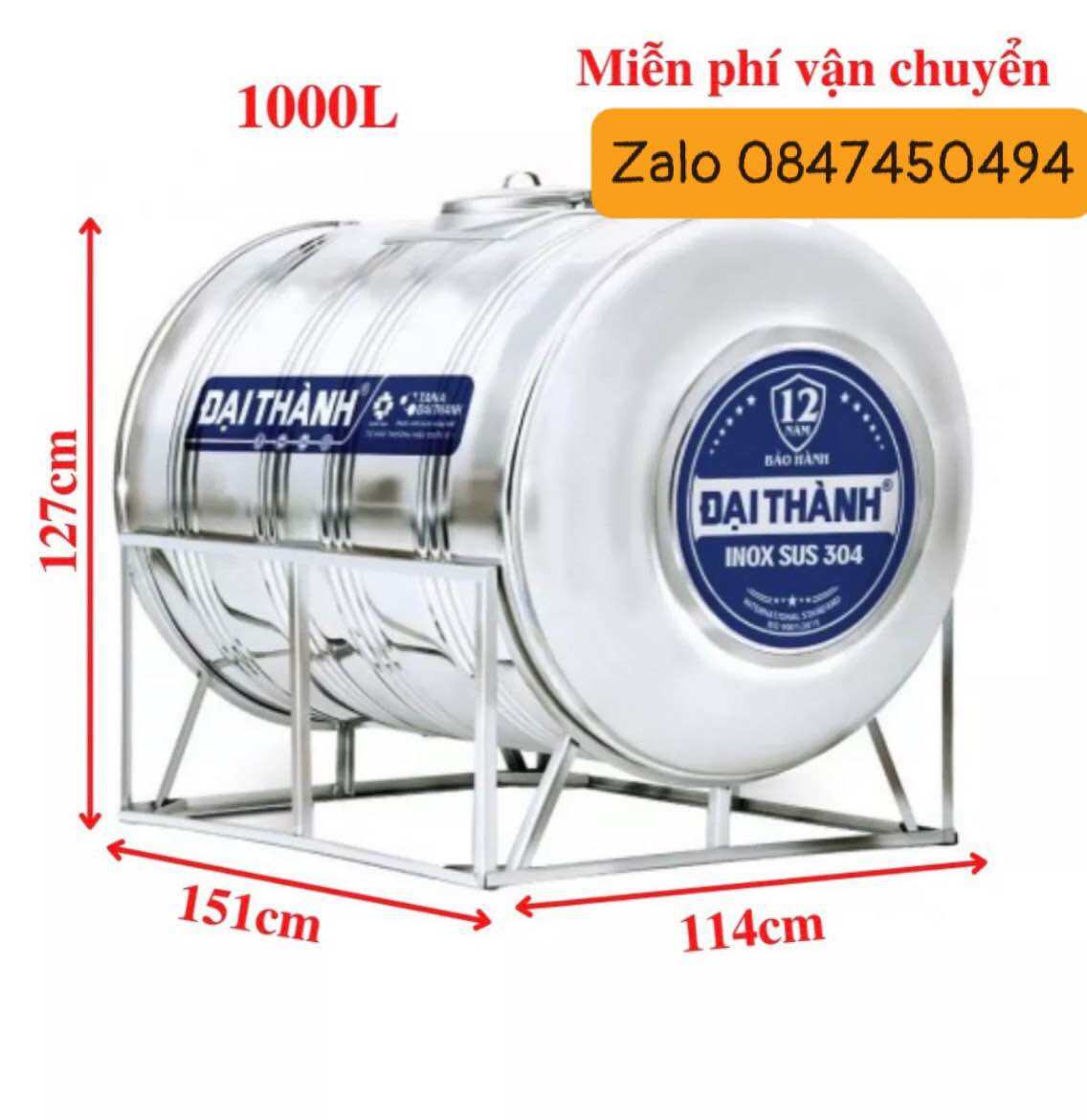 Bồn đại thành 1000 lít nằm inox 304 giao hàng miễn phí Toàn Quốc