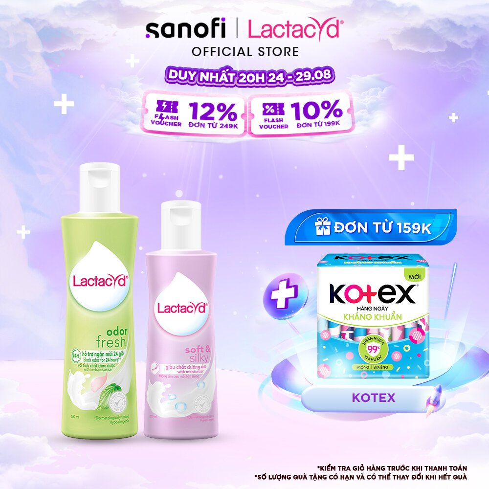 Bộ Dung Dịch Vệ Sinh Phụ Nữ Lactacyd Odor Fresh Ngăn Mùi 24H 250ml + Soft & Silky Dưỡng Ẩm 150ml