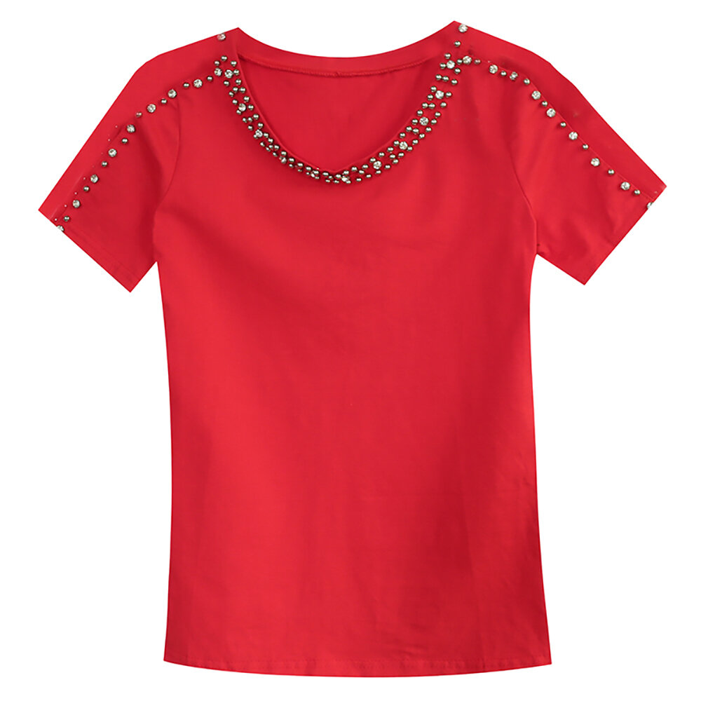 Summer 2024 Women's Slim Fit Short Sleeve T-Shirt Heavy Embellished Mesh Design Sensation Fashionable Top Korean Style round Neck