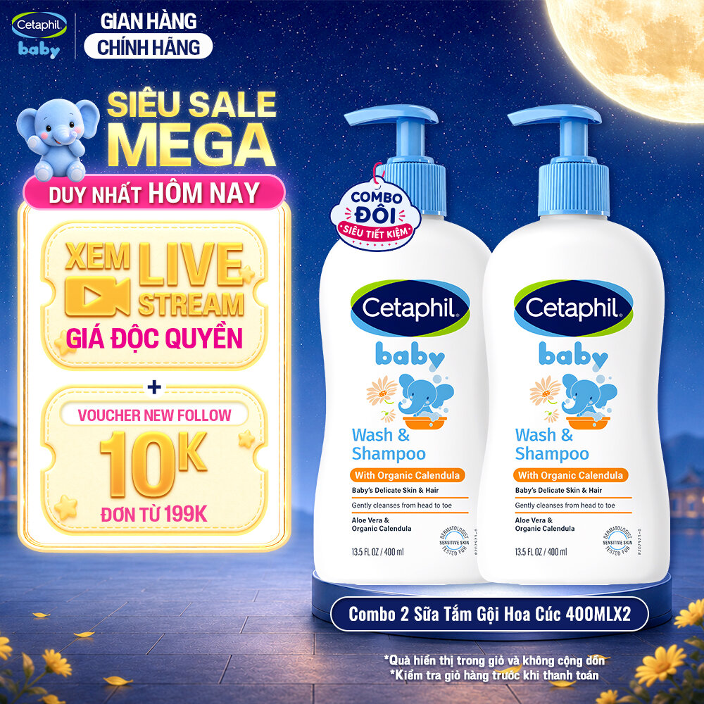 Combo 2 Sữa tắm gội dưỡng ẩm dịu lành cho bé với Calendula hoa cúc hữu cơ CETAPHIL BABY WSHAMPOO CALENDULA 400ML/Chai