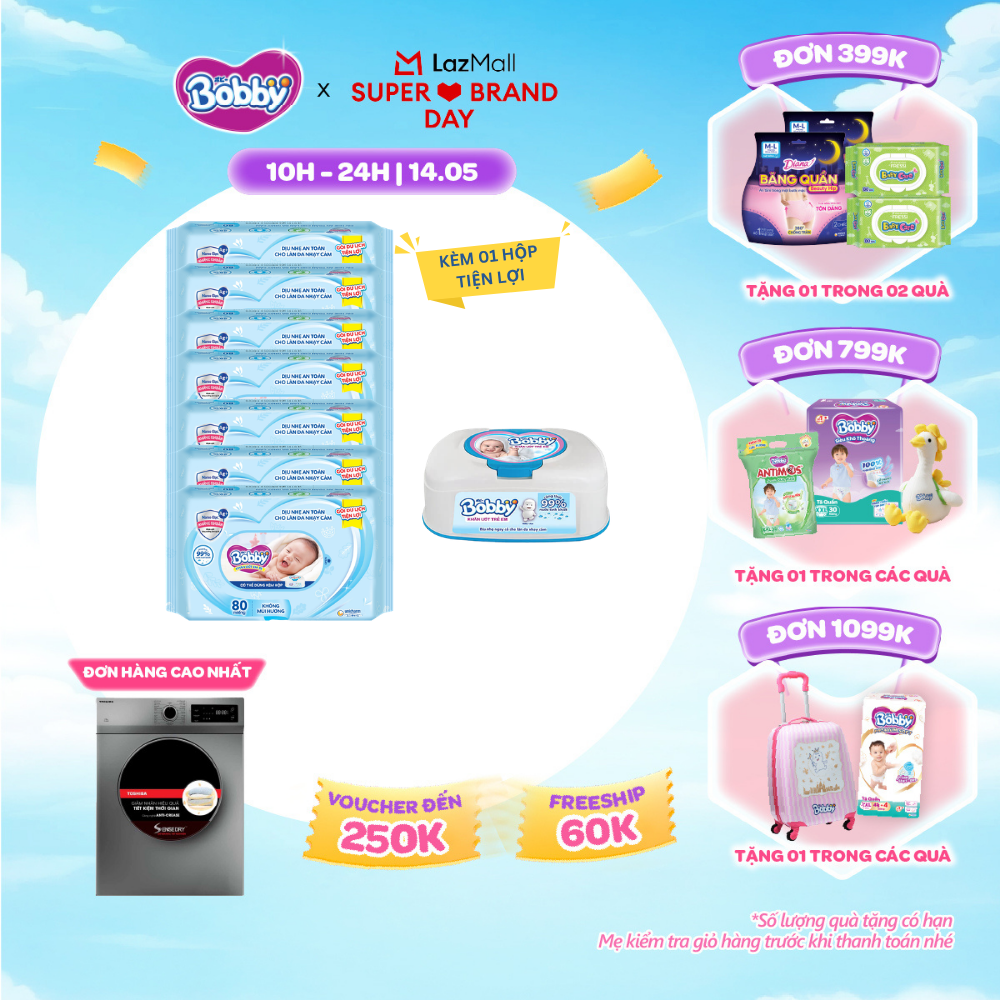 [SALE GIỮA THÁNG tặng QUÀ TO-SLCH][Tặng 1 hộp tiện lợi] Bộ 7 gói khăn giấy ướt trẻ em Bobby Care gói Bổ sung không mùi - 80 miếng